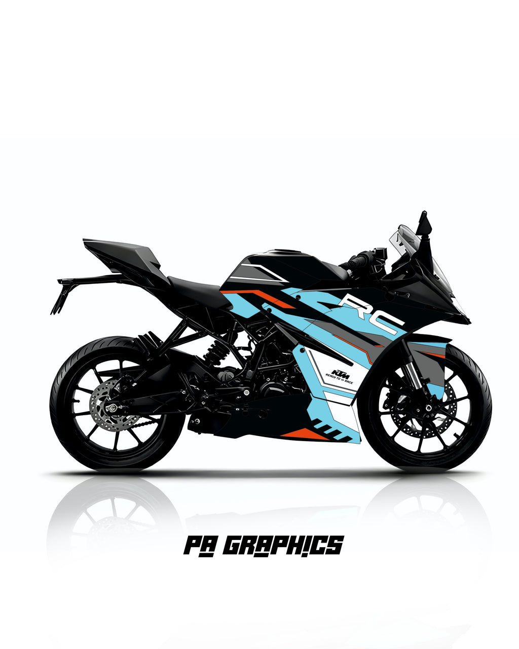 KTM RC 125-200-390 Cyan Race Edition Wrap Kit – Black, Blue & Orange Graphics